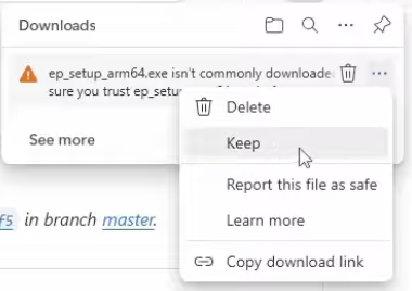 Browser warning dialog showing the "Keep anyway" action