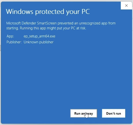 Windows SmartScreen prompt showing "Run anyway"