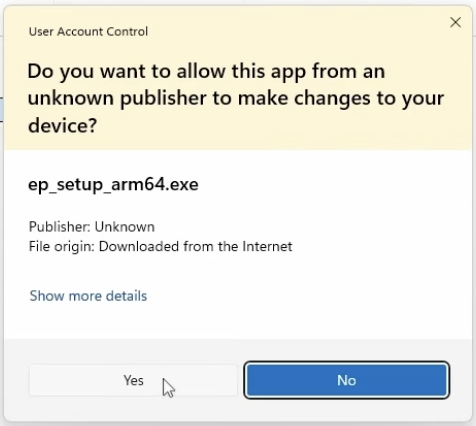 UAC prompt asking to allow installer changes