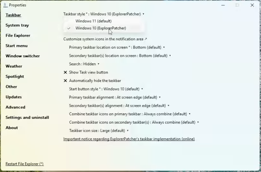 ExplorerPatcher Properties window